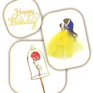 Beauty and the Beast like , Rose in Dome and Happy Birthday Cake Topper