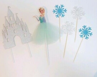 Frozen like character -Elsa / Anna , Silver Castle and Snowflakes - Blue , Silver or White Cake Topper