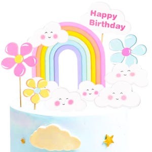 8 Piece Design- Flower , Cloud , Rainbow , Happy Birthday Cake Topper Set