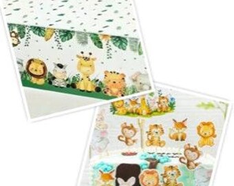 13 Pc Animal Happy Birthday Cake Toppers Set & One Safari Animal Table Cloth Bundle