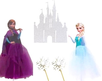 Frozen Elsa and Anna like characters , Silver Castle & Snowflake Cake toppers with Happy Birthday Option
