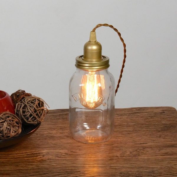 Edison Bulb Bedside Table Lamp Kilner Mason Jar Light, Vintage Rustic Glass Jam Jar Night Light, Restaurant Coffee Shop Decor