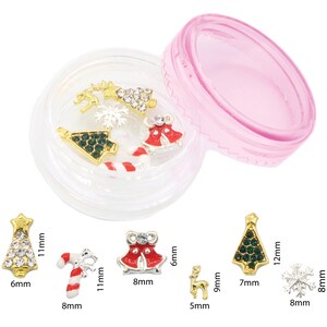 6 Christmas Holiday Nail Charms (Reindeer, Christmas Trees, Candy Cane, Snowflake, Bell) 2019 Edition PLUS Bonus Reusable Storage Jar