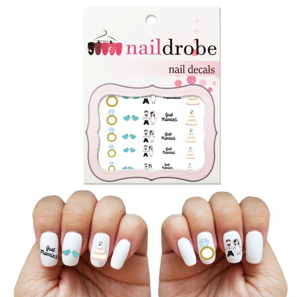 30 Wedding Nail Decals (bride and groom, ring, lovebirds, wedding cake, just married)  (Waterslide Nail Decal)