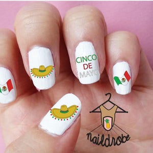 30 Cinco de Mayo (sombrero, flag, cinco de mayo text) Mexico Nail Decals  (Waterslide Nail Decal)