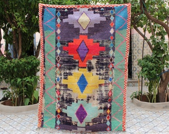 Boucherouite Rug, MOROCCAN RUG, Multicolored Azilal Berber Checked Persian Vintage Handmade Colorful Oriental Bohemian Wool Boho Rug,