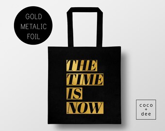 Gold foil tote, black and gold tote, book bag, metallic foil, tote bag, black tote bag, gold foil quote, metallic typography, cotton shopper