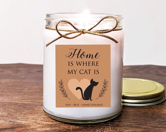 Cat Lover Gift. Scented Candle. Home is Where My Cat Is. Choose Scent.  8oz Soy. BW Collection.