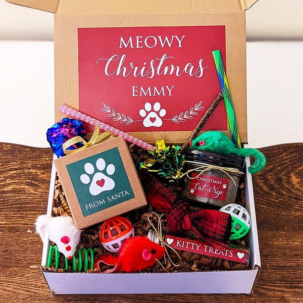 Cat Christmas Gift Box. Gift for Cat, Personalized Box for Cats. Handmade Catnip Toys, Treats, Silvervine Sticks, and Gifts from Santa.