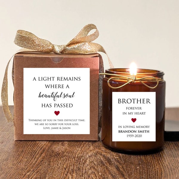 Loss of Brother. Memorial Gift Candle. Personalize text and colors. Mom Dad. 8oz Soy Vanilla.