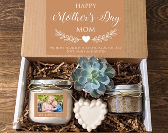 Personalized Mother's Day Gift Box with Photo Candle, Succulent, Chocolate Sugar Scrub, Vanilla Heart Melt. You pick text and colors.B1