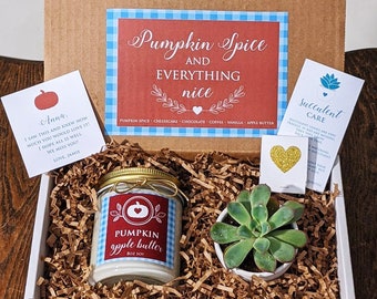 Fall Gift Box. Pumpkin Apple Butter Candle and Succulent.