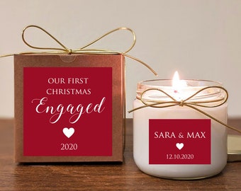 Christmas Engagement Gift Candle. Personalized. Pick text and colors. Soy Vanilla.