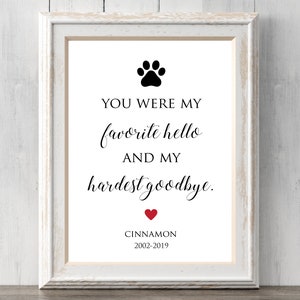 Personalized pet memorial print. Loss of pet.  You were my favorite hello and my hardest goodbye. All Prints BUY 2 GET 1 FREE!