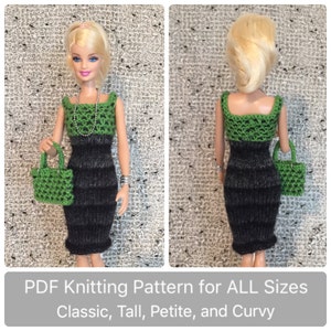 Barbie Clothes Pattern for Knit Checked Dress ALL Sizes, instructions for Tall, Petite, Curvy, & Classic Barbie, Knitting Pattern for Dolls