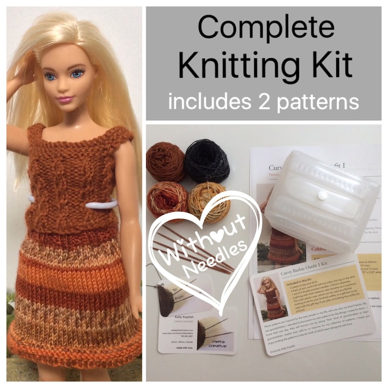 Comes with Premium yarns necklace Gift Box and Tag Top and Skirt 2 patterns No Needles Version Curvy Barbie Knitting Kit,