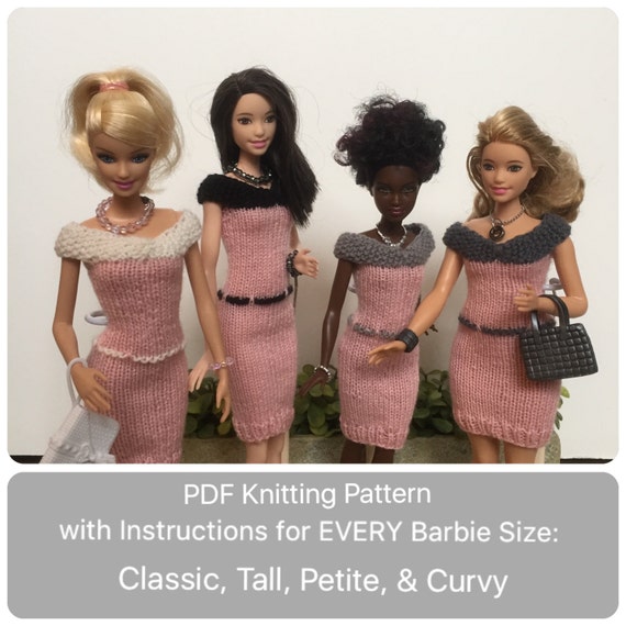 Curvy And Classic Barbie Doll Knitting Pattern For Knitted Dress With Belt Sash Instructions For Tall Curvy Classic And Petite Barbie