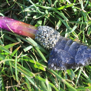 4&quot; Midnight Lace Obsidian Flint Knapped Pressure Flaked Blade/Wiccan Wand Hafted On Aura Quartz Handle w/ Crushed Pyrite