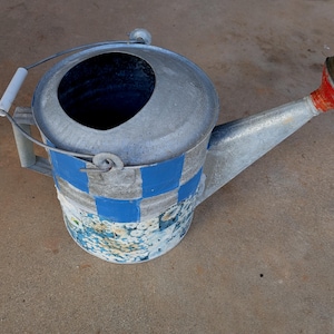 May include: A galvanized metal watering can with a blue and white checkered pattern around the base. The spout is red and the handle is white. The can has a large opening and a wire handle for carrying.