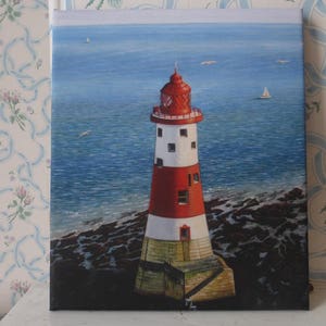 Strandkopf Leuchtturm Leinwanddruck vom Original Öl von Künstlerin Will Ellen