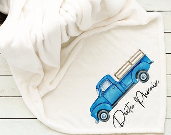 Blue Vintage Truck Blanket, Personalized Baby Blanket, Gift for girl, Baby Shower Gift, Baby Blanket, Custom Baby Blanket, Safari,