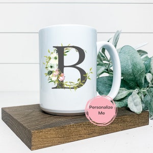 Taza de café B, Taza del alfabeto, Letra B, Floral, Oro, Regalo para él, Regalo para ella, Taza de café inspiradora, Taza de té