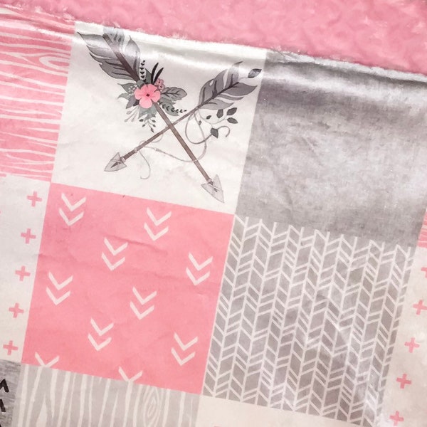 Ready to Ship, Pink, Grey, Arrow, Feather, Minky, Keepsake Quilt, Love, Baby Shower, Boho, Patchwork, Gift for her