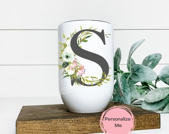 Alphabet Tumbler, Letter S, Floral, Monogram, Wine Tumbler, Personalized,Wine Tumbler