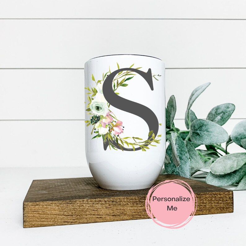 Alphabet Tumbler, Letter S, Floral, Monogram, Wine Tumbler, Personalized,Wine Tumbler image 1