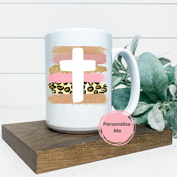 Cross mug, Religious coffee mug, leopard, pink, gift for her,