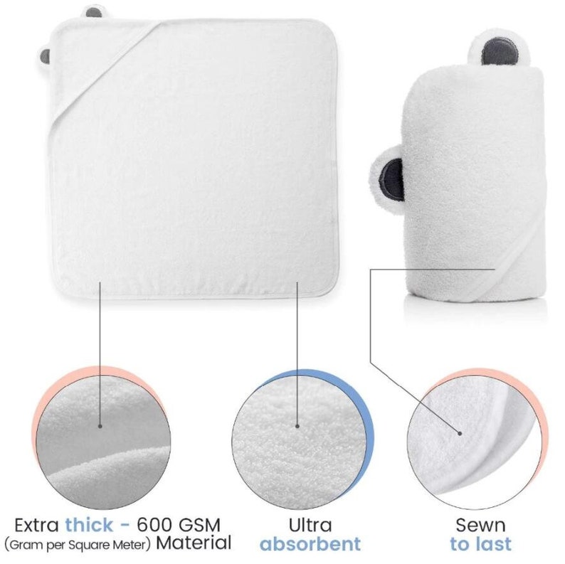 Op de afbeelding: Witte badcape met een schattig berenontwerp. De badcape is extra dik en absorberend, met een 600 GSM materiaal. Het is genaaid om lang mee te gaan.