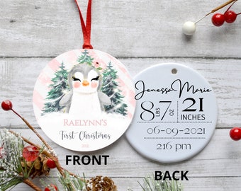 My First Christmas, Baby&#39;s First Christmas, Penguin, Pink, Birth Stat Ornament, Baby Ornament, Gift for her, Gift for new parents,