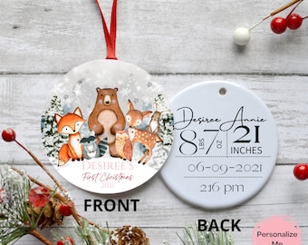 My First Christmas, Baby's First Christmas, Teddy Bear, Birth Stat Ornament, Baby Ornament, Woodland, Fox, Deer, Raccoon, Bear, PINK LETTERS