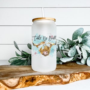 Highland Cow, TAKE NO BULL Libbey Glass Tumbler, Iced Coffee Cup, 16 oz, Beer Can Glass