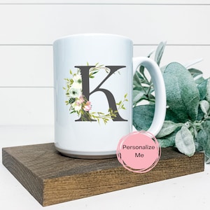 Taza de café K, Taza del alfabeto, Letra K, Floral, Oro, Regalo para él, Regalo para ella, Taza de café inspiradora, Taza de té