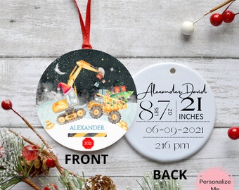 My First Christmas, Baby&#39;s First Christmas, Construction, Birth Stat Ornament, Baby Ornament, Excavator, Dump Truck,