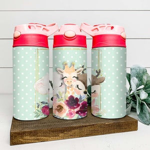 Personalized Flip Top Kids Cup, Kids, Animals, Mint, Flowers, Elephant, Deer, Giraffe, Sippy Cup, Custom 12 oz Water Bottle, Toddler Cup,