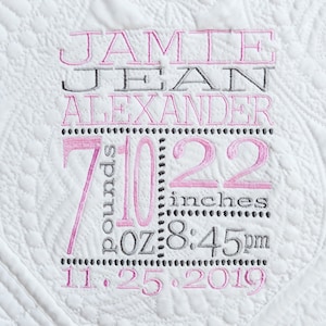 Birth Stat Baby Blanket, Newborn Gift, Personalized Baby Quilt, Keepsake Gift, Heirloom Quilt, Monogrammed Baby Quilt, Baby Shower Gift,