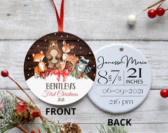 My First Christmas, Baby's First Christmas, Teddy Bear, Birth Stat Ornament, Baby Ornament, Woodland, Fox, Deer, Raccoon, Bear