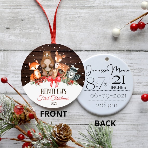 My First Christmas, Baby's First Christmas, Teddy Bear, Birth Stat Ornament, Baby Ornament, Woodland, Fox, Deer, Raccoon, Bear
