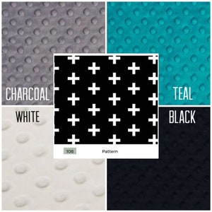 May include: A fabric swatch sampler with four different colors and textures: charcoal, white, teal, and black. The center of the sampler features a black and white pattern of plus signs. The text "108 Pattern" is printed below the pattern.