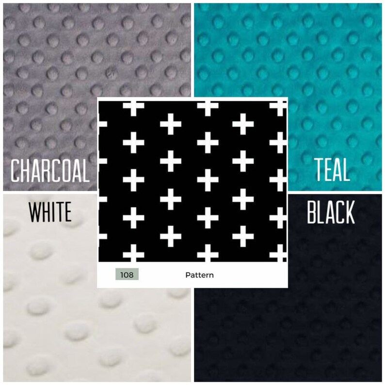 May include: A fabric swatch sampler with four different colors and textures: charcoal, white, teal, and black. The center of the sampler features a black and white pattern of plus signs. The text "108 Pattern" is printed below the pattern.