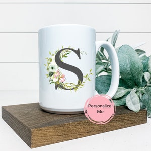 Caneca de café S, caneca do alfabeto, letra S, floral, ouro, presente para ele, presente para ela, caneca de café inspiradora, caneca de chá