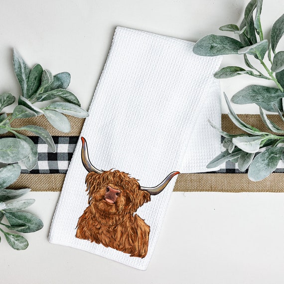 Personalized Name Highland Cow Kitchen Towel, Highland Cow Decor