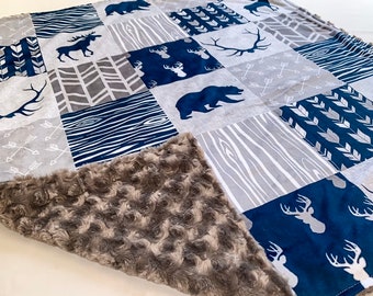 Ready to Ship, Navy, Grey, Deer, Quilt, Antler, Bear, Keepsake Quilt, Moose, Woodland Baby Shower, Arrow, Gift for him, Baby shower gift