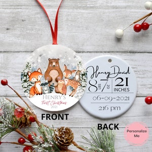 My First Christmas, Baby's First Christmas, Teddy Bear, Birth Stat Ornament, Baby Ornament, Woodland, Fox, Deer, Raccoon, Bear, GREY LETTERS