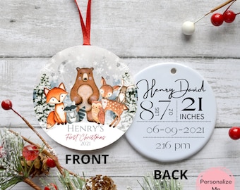 My First Christmas, Baby's First Christmas, Teddy Bear, Birth Stat Ornament, Baby Ornament, Woodland, Fox, Deer, Raccoon, Bear, GREY LETTERS
