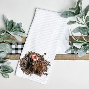 Highland Cow Tea Towel, Floral, Leopard, Dish Towel, Waffle Weave, Kitchen Towel, Housewarming gift, Custom Kitchen Towel