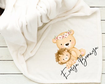 Floral Teddy Bear Lion Blanket, Personalized Baby Blanket, Gift for girl, Baby Shower Gift, Baby Blanket, Custom Baby Blanket, safari,