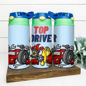 Personalized Flip Top Kids Cup, Kids tumbler, Cars, Vehicles, Racecar, Racing, Flags, Sippy Cup, Custom 12 oz Water Bottle, Toddler Cup,